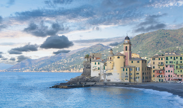 Camogli church and beach - Mediterranean sea - Liguria - Italy