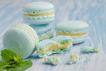 Blue macarons. French delicate dessert for Breakfast in the morning light