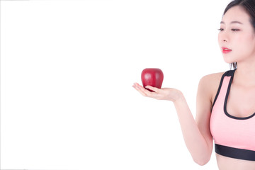 Natural Beauty Portrait. Beautiful smile healthy diet food concept . Perfect Fresh Skin.Portrait of the young asian beautiful girl with fresh red apple fruit in hand , isolated on white background