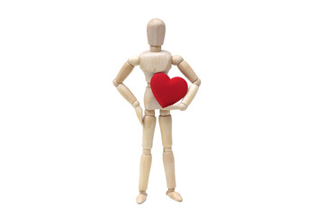 Wood Figure Mannequin holding a red heart on white background