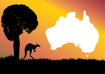 Aussie map kangaroo and Boab tree