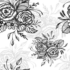 Seamless pattern with flowers bouquet   in black on white in retro style for decoupage or for wallpaper or textile or  for decoration package of cosmetic perfume shampoo