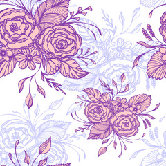 Seamless pattern with flowers bouquet in pink lilac on white in retro style for decoupage or for wallpaper or textile or for decoration package of cosmetic perfume shampoo soap