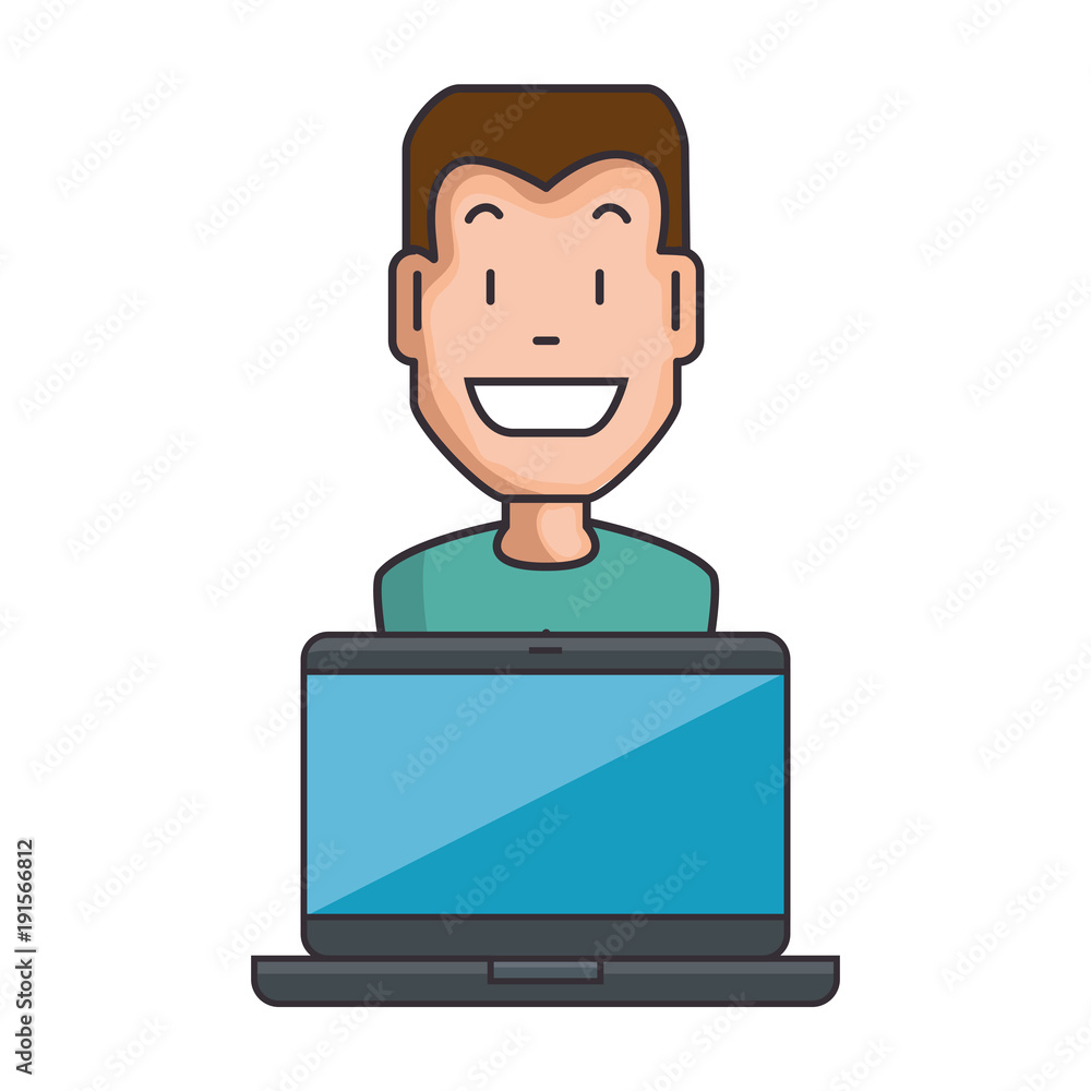 Poster man with laptop computer vector illustration design