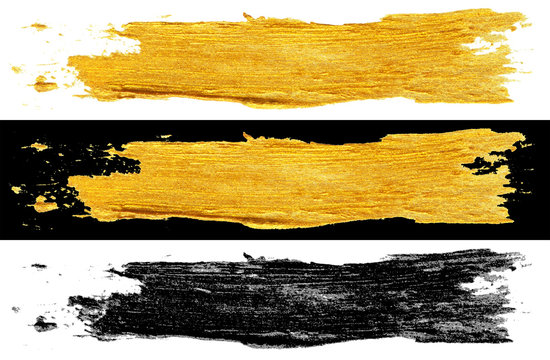 illustration set of hand drawn gold and black colors paint smear stain strokes isolated on white and black backgrounds