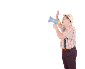 A mature man shouting through a bull horn isolated on white background.Senior elderly asian man screaming loudly in a megaphone.Advertisement concept.copy space