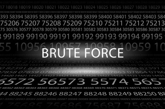 Abstract background image of black space from a set of rows of five-digit white numbers of different sizes and a luminous inscription in the center. Brute Force