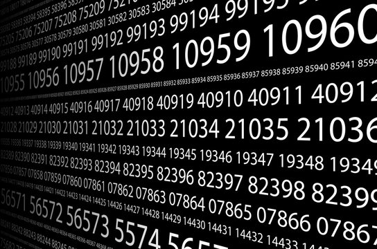 Abstract background image of a set of consecutive five-digit white numbers of different sizes on a black background in perspective. The concept of brute force for cracking passwords