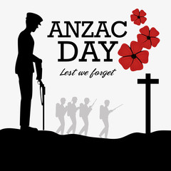 Obraz premium anzac day poster with soldier standing guard vector illustration graphic design