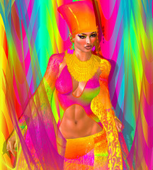 Obraz na płótnie Canvas Sexy Egyptian woman, pharaoh or princess surrounded by colorful ribbons of rainbow colors. A matching outfit creates a brilliant and fun realistic scene.