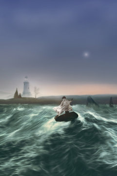 man in small boat sailing to the shore in a storm