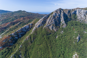 Fototapeta na wymiar Aerial view on Road serpentine on the road from Petrovac to the Skadar Lake. Montenegro.