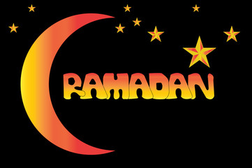 Ramadan Logo, with Crescent moon and many star on orange and red color on black background. The concept of Ramadan Kareem.