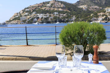 Europe, Spain, Balearic Islands, Mallorca. Waterfront. Dining. Port d'Andratx.