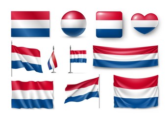 Set Netherland flags, banners, banners, symbols, flat icon. Vector illustration of collection of national symbols on various objects and state signs