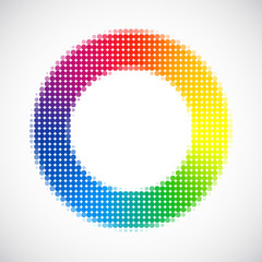 Vector halftone rainbow element. Solid color round dots mosaic.