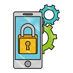 smartphone with padlock and gears vector illustration design