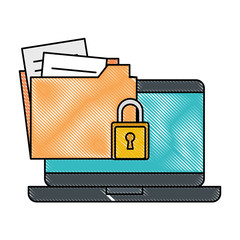 laptop computer with folder and padlock vector illustration design