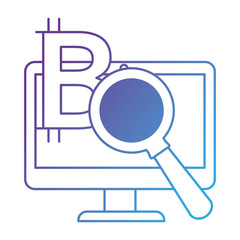 monitor computer with magnifying glass and bitcoin symbol vector illustration design