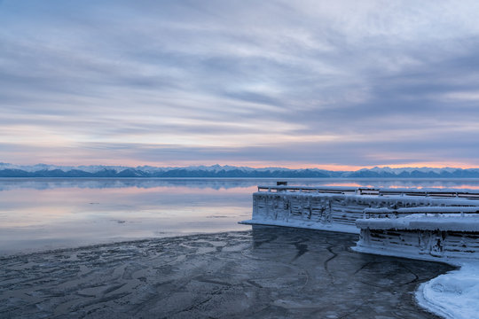 Ice-covered pier in the Baikal port village