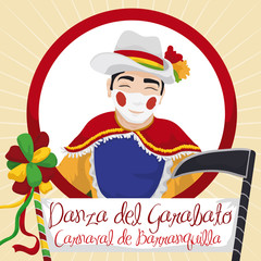 Traditional Garabato Dancer with Stick and Scythe in Barranquilla's Carnival, Vector Illustration