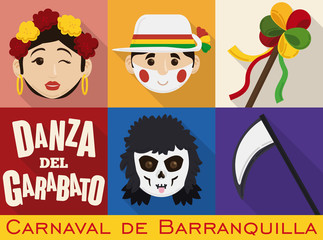 Male and Female Garabatos Characters and Death for Barranquilla's Carnival, Vector Illustration