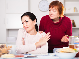 Obraz na płótnie Canvas Upset woman quarrel with mother at table