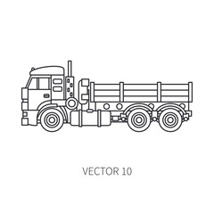 Line flat vector icon construction machinery truck tipper. Industrial style. Corporate cargo delivery. Commercial transportation. Building. Business. Engineering. Diesel power. Illustration for design