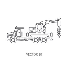 Line flat vector icon construction machinery truck boer, well. Industrial style. Corporate cargo delivery. Commercial transportation. Building. Business. Engineering. Diesel. Illustration for design.