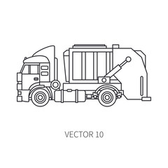 Line flat vector icon construction machinery garbage truck tipper. Industrial style. Corporate cargo delivery. Commercial transportation. Dump recycling. Business. Diesel power. Illustration design.