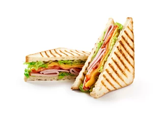 Acrylic prints Snack Sandwich with ham, cheese, tomatoes, lettuce, and toasted bread. Front view isolated on white background.