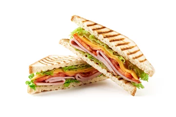 Foto auf Acrylglas Snack Sandwich mit Schinken, Käse, Tomaten, Salat und geröstetem Brot. Vorderansicht isoliert auf weißem Hintergrund.