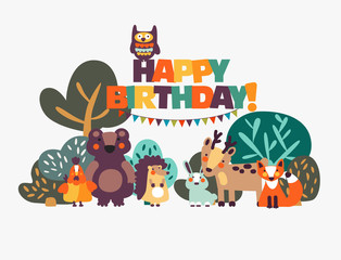 Happy birthday - lovely vector card with funny cute animals and garlands
