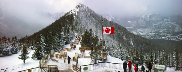 Sulphur Mountain in Banff National Park in the Canadian Rocky Mountains overlooking the town of...