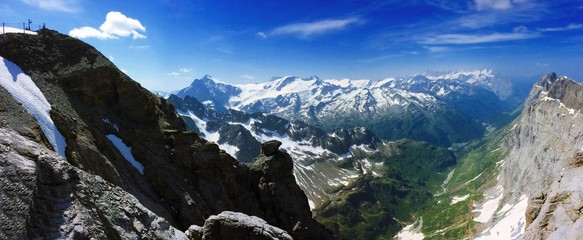 Valley view at Mount Titlis, located in Central Switzerland, is a glacier paradise at over 3,000...