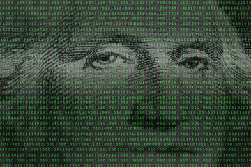  president George Washington face portrait on the USA one dollar banknote among binary code