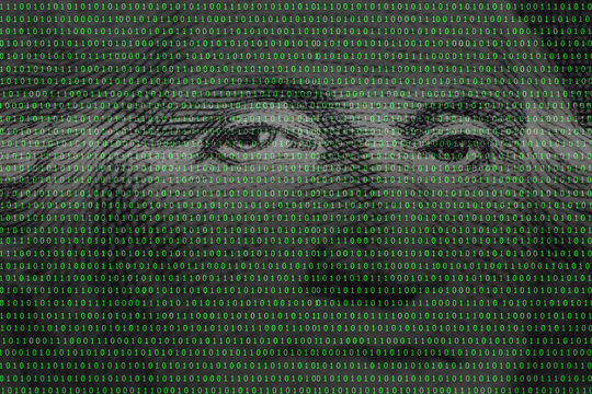  president George Washington face portrait on the USA one dollar banknote among binary code - Powered by Adobe