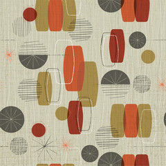 Retro linen textured weave with vintage shapes and stars inspired by mid-century modern fabrics.