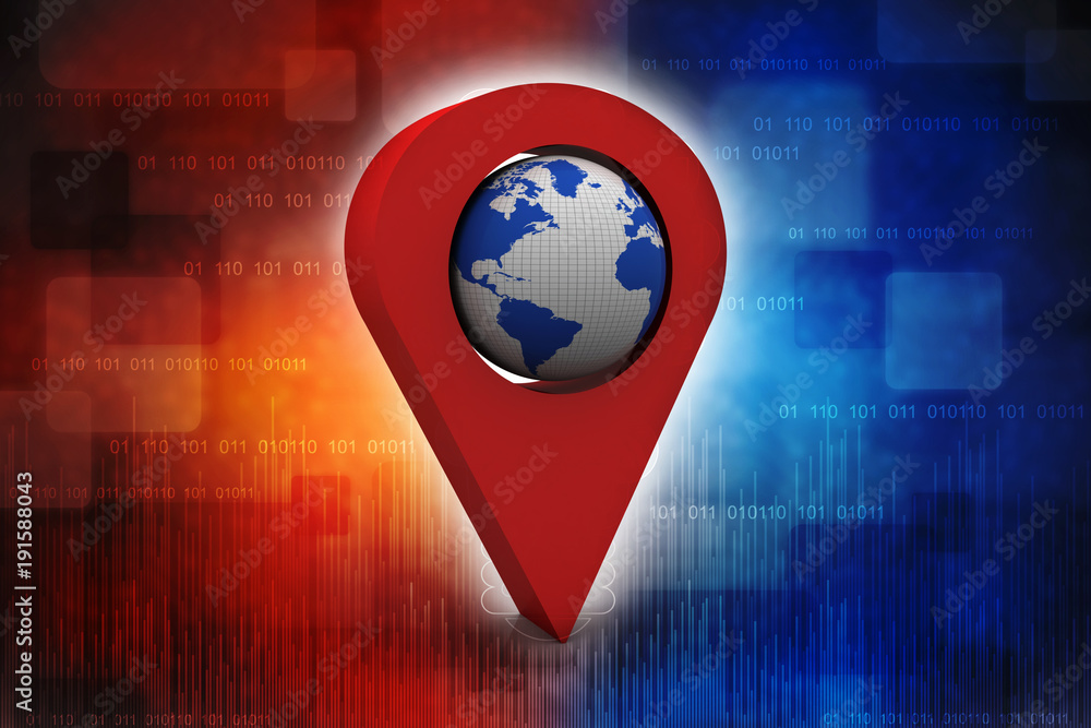 Fototapete 3d rendering red map pointer with world map