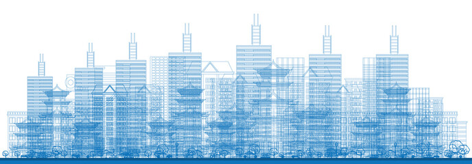 Outline City Skyscrapers in Blue Color. Vector Illustration.