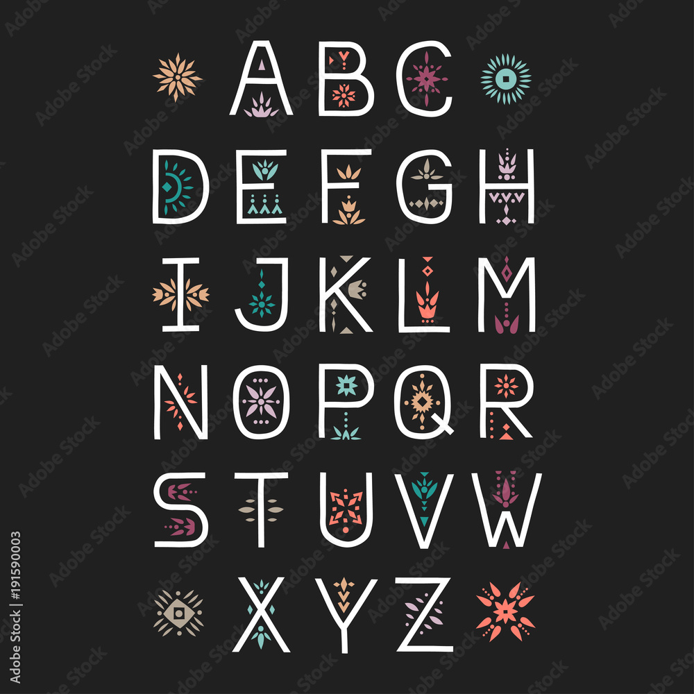 Poster vector display alphabet. capital letters decorated with color flowal patterns on a black background.