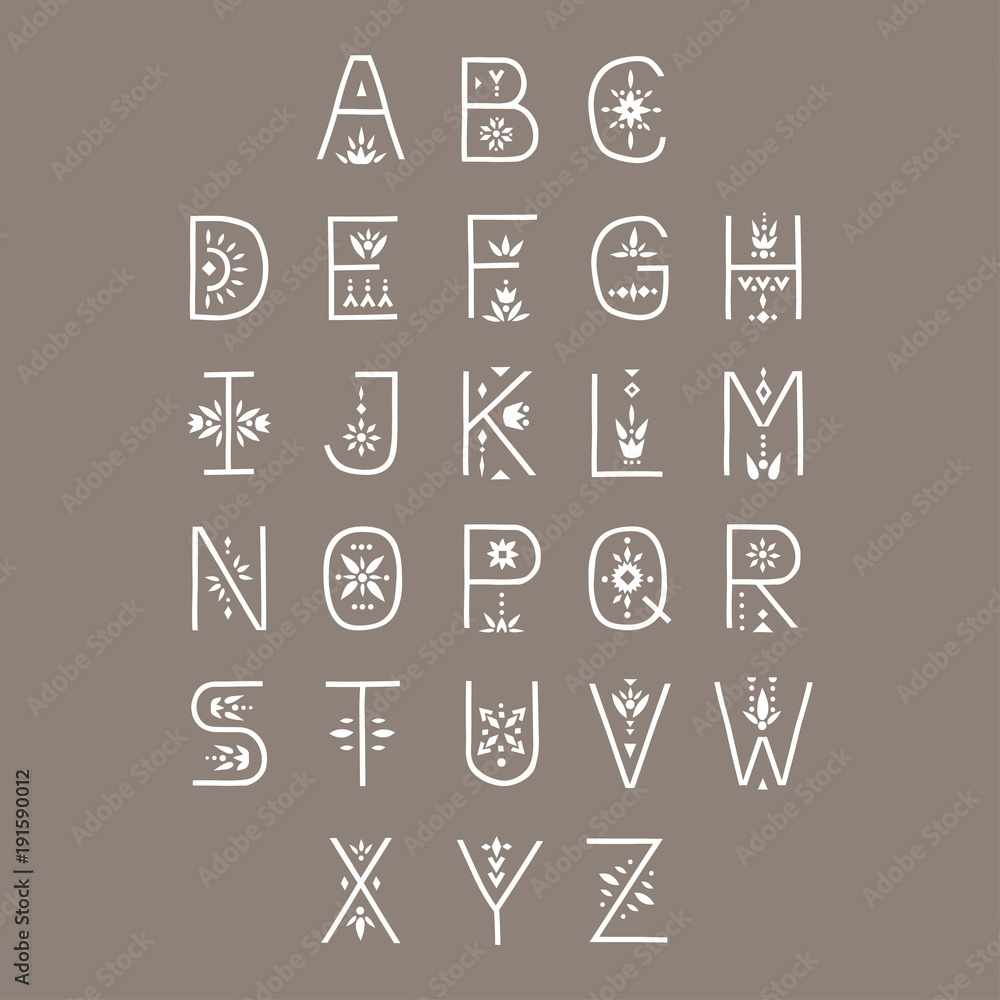 Poster vector display alphabet. capital letters decorated with flowal patterns.