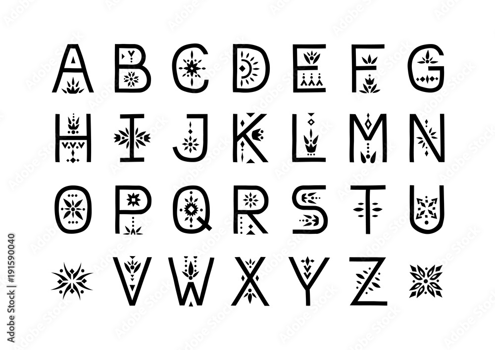 Poster vector display alphabet. capital letters decorated with flowal patterns.