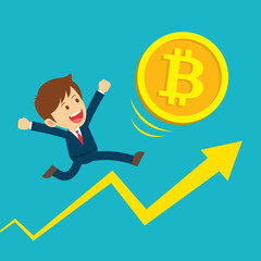 Businessman running on graphs are happy at the bitcoin prices up. Cryptocurrency market concept. Flat cartoon character design.