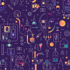 Seamless line art pattern on the theme of technology, industry, science.