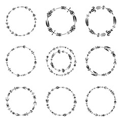 Vector collection of round frames made of flower wreaths.