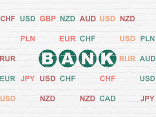 Banking concept: Painted green text Bank on White Brick wall background with Currency
