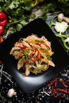 chicken vegetable salad recipe. meal food ingredients and cooking process. asian cuisine