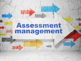 Fototapeta premium Business concept: arrow with Assessment Management on grunge textured concrete wall background, 3D rendering