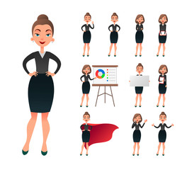 Pretty businesswoman working character set. Sucessful entrepreneur lady in office work situations. Confident young manager in the workplace